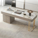 Glam Beige Stone Metal Base Writing Desk with Drawers Image - 4