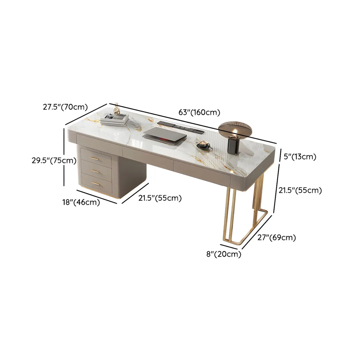 Glam Beige Stone Metal Base Writing Desk with Drawers Image - 17