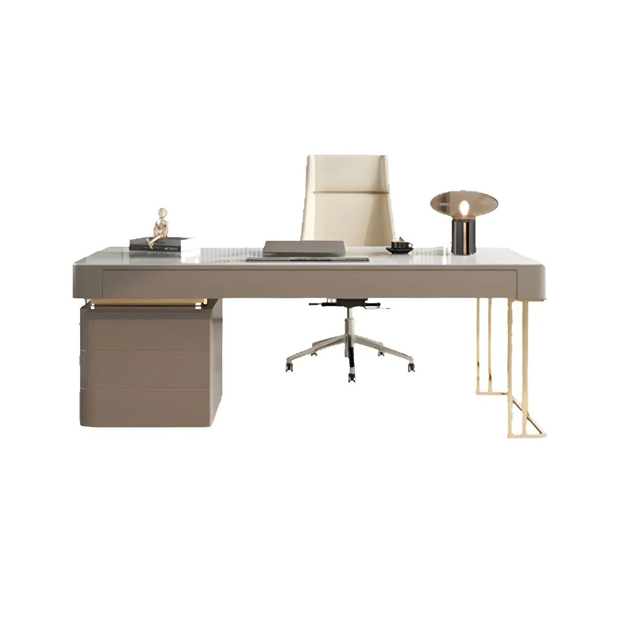 Glam Beige Stone Metal Base Writing Desk with Drawers Image - 5