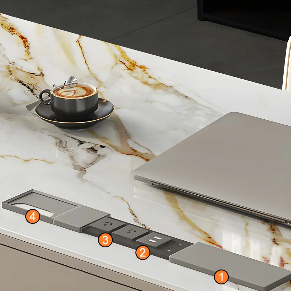 Glam Beige Stone Metal Base Writing Desk with Drawers Image - 6