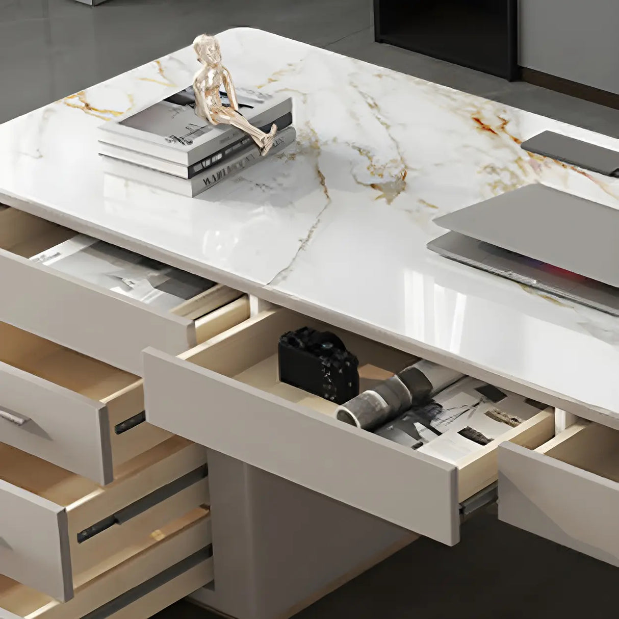 Glam Beige Stone Metal Base Writing Desk with Drawers Image - 7