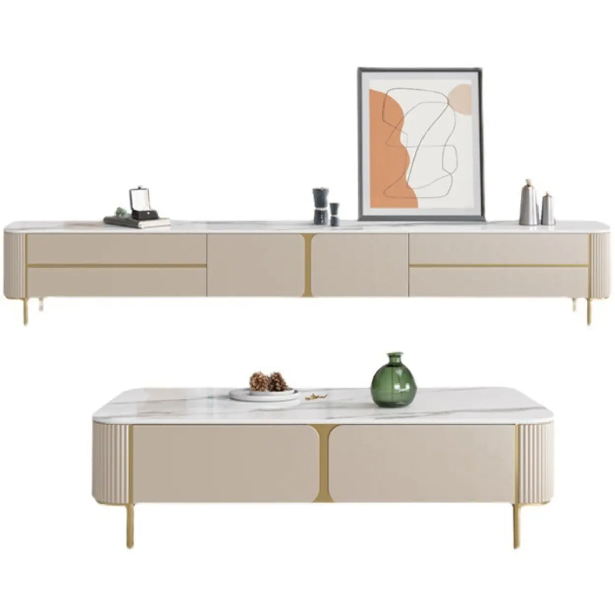 Glam Beige Stone Rectangle Drawers Cabinet TV Stand Image - 5