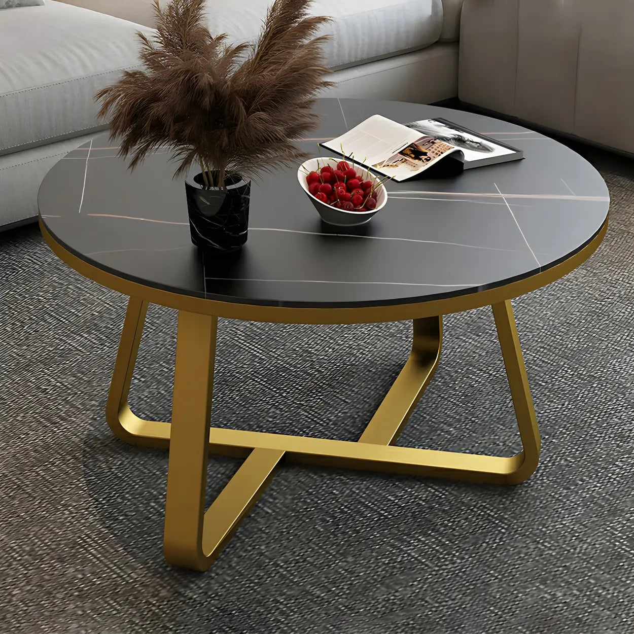 Glam Black Stone Round Metal Cross Legs Coffee Table