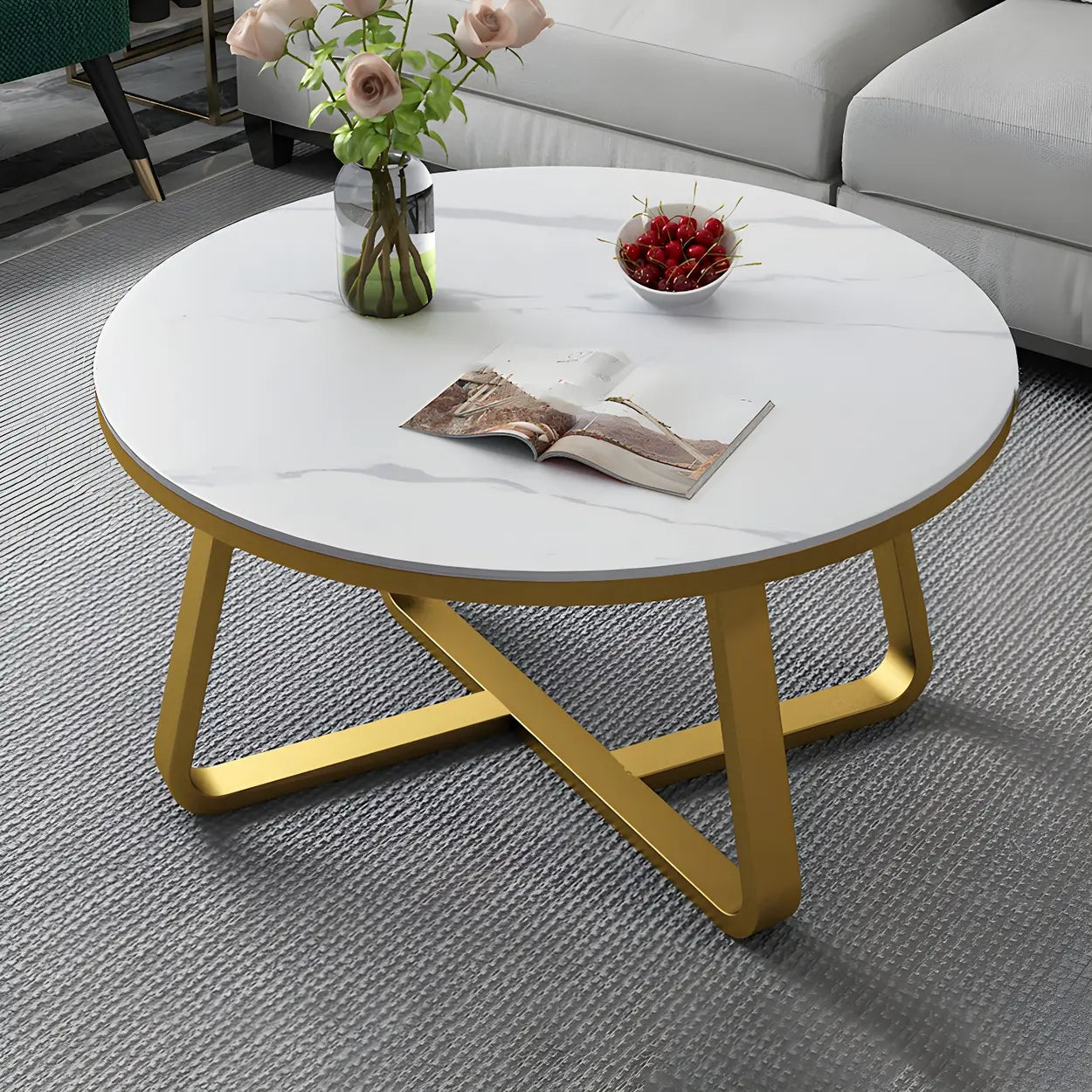 Glam Black Stone Round Metal Cross Legs Coffee Table