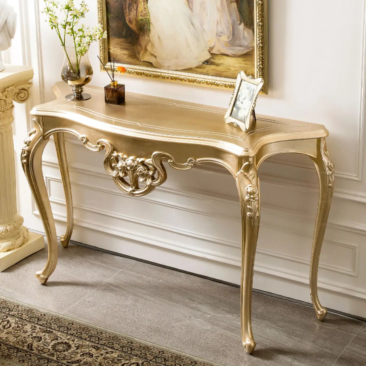 Glam Curved Gold Wooden Antique Standard Console Table Image - 3