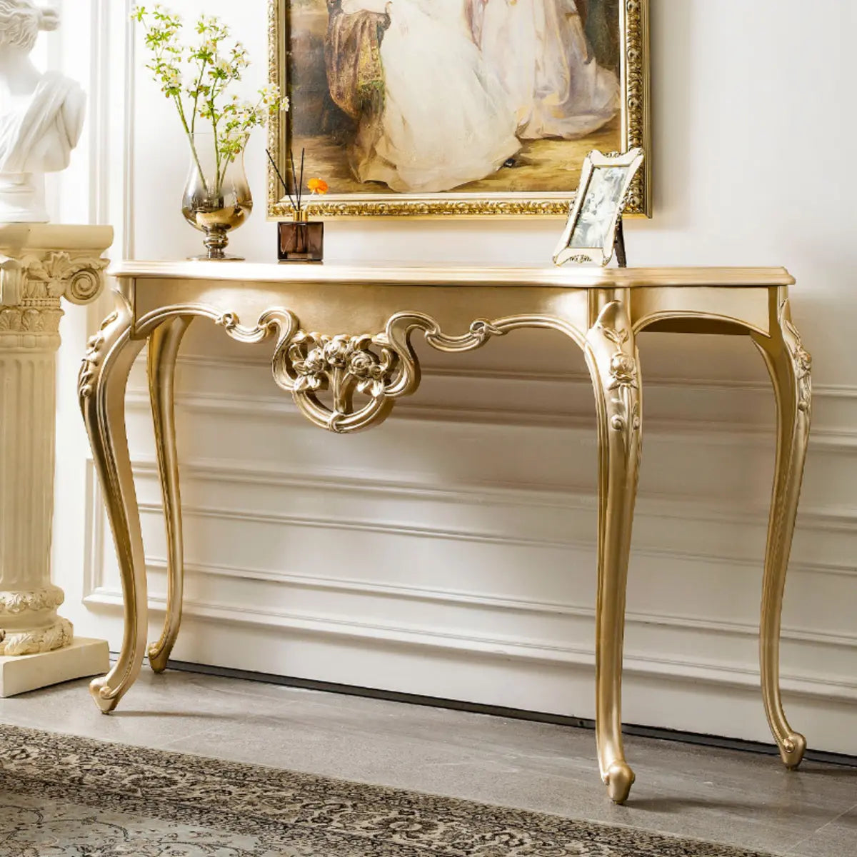 Glam Curved Gold Wooden Antique Standard Console Table Image - 4