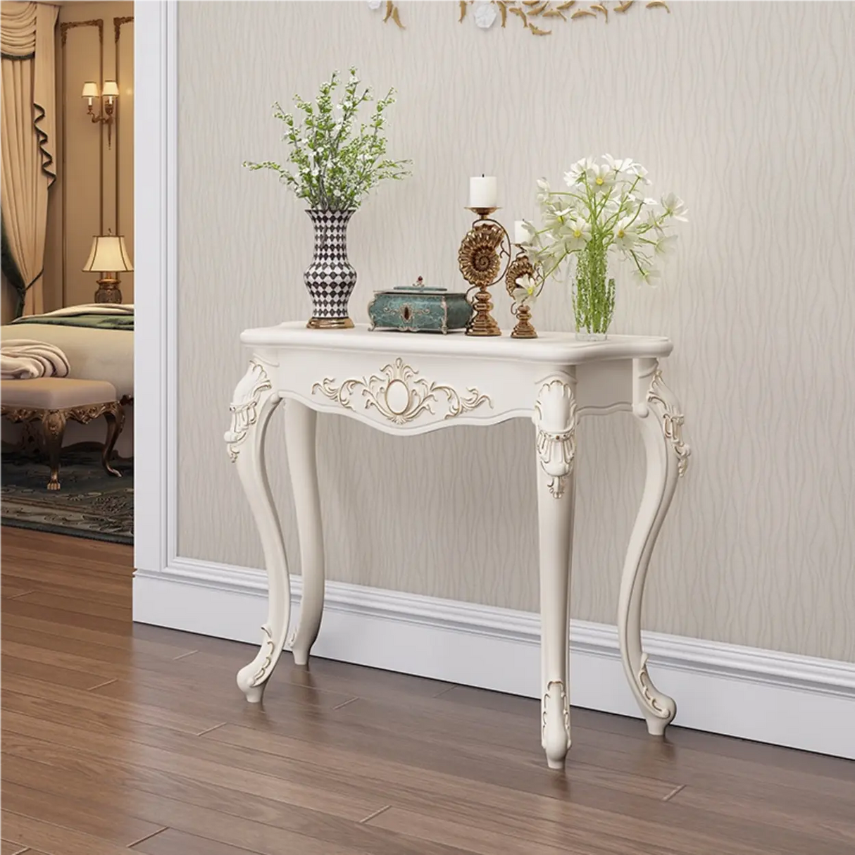 Glam Curved Wood White Standard Width French Console Table Image - 10