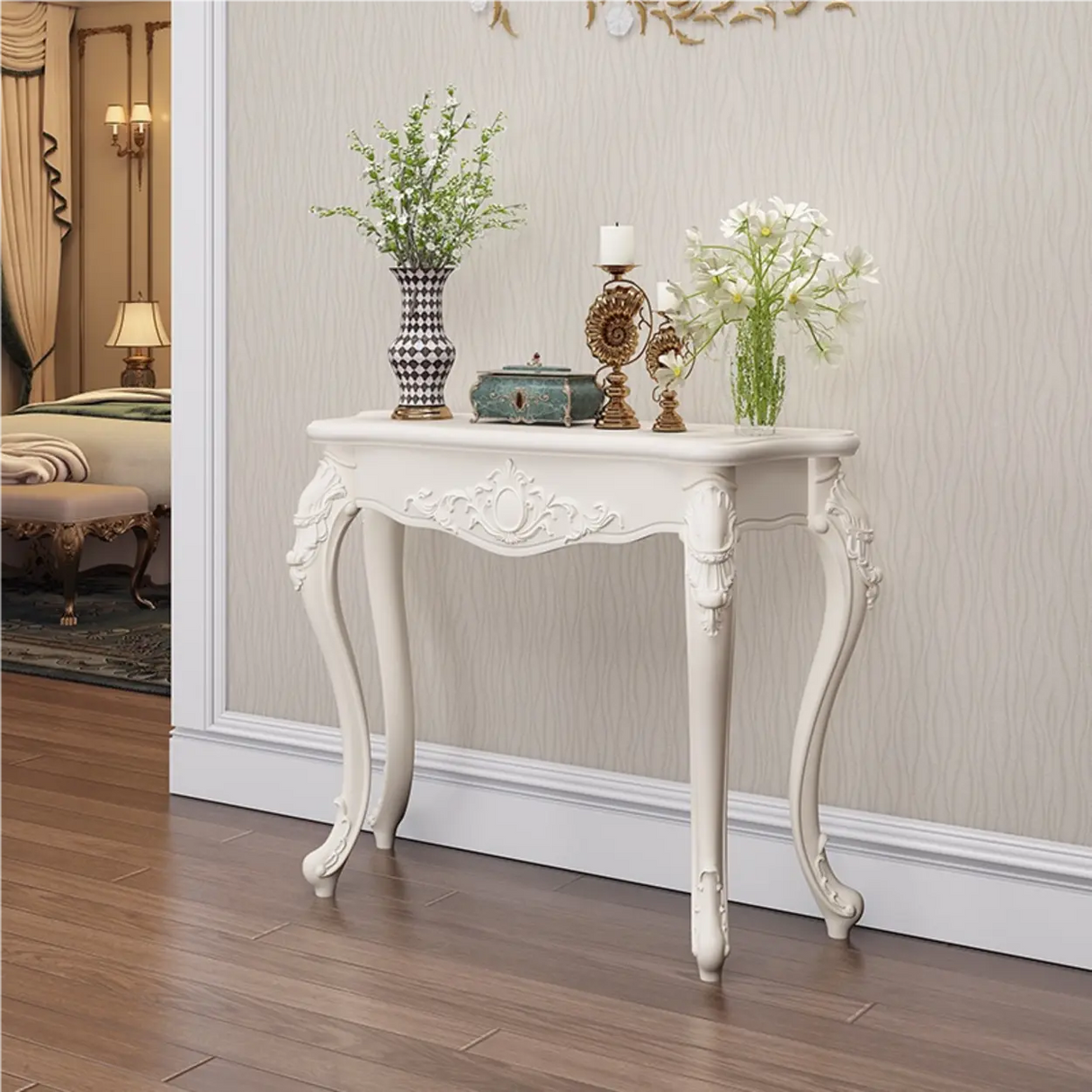 Glam Curved Wood White Standard Width French Console Table Image - 11