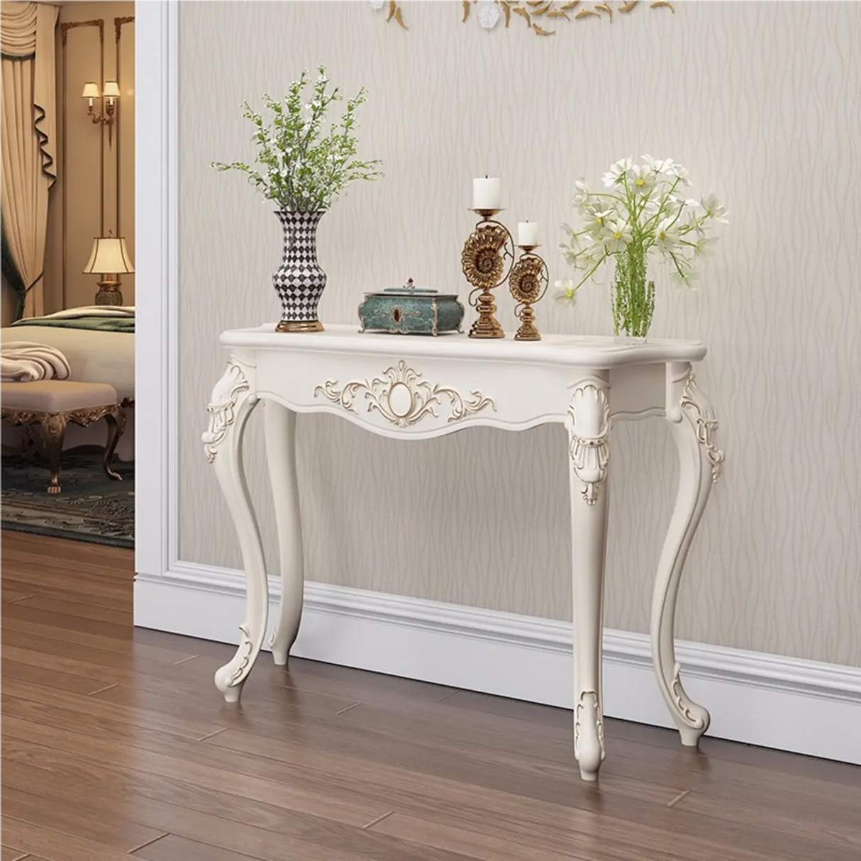 Glam Curved Wood White Standard Width French Console Table Image - 14
