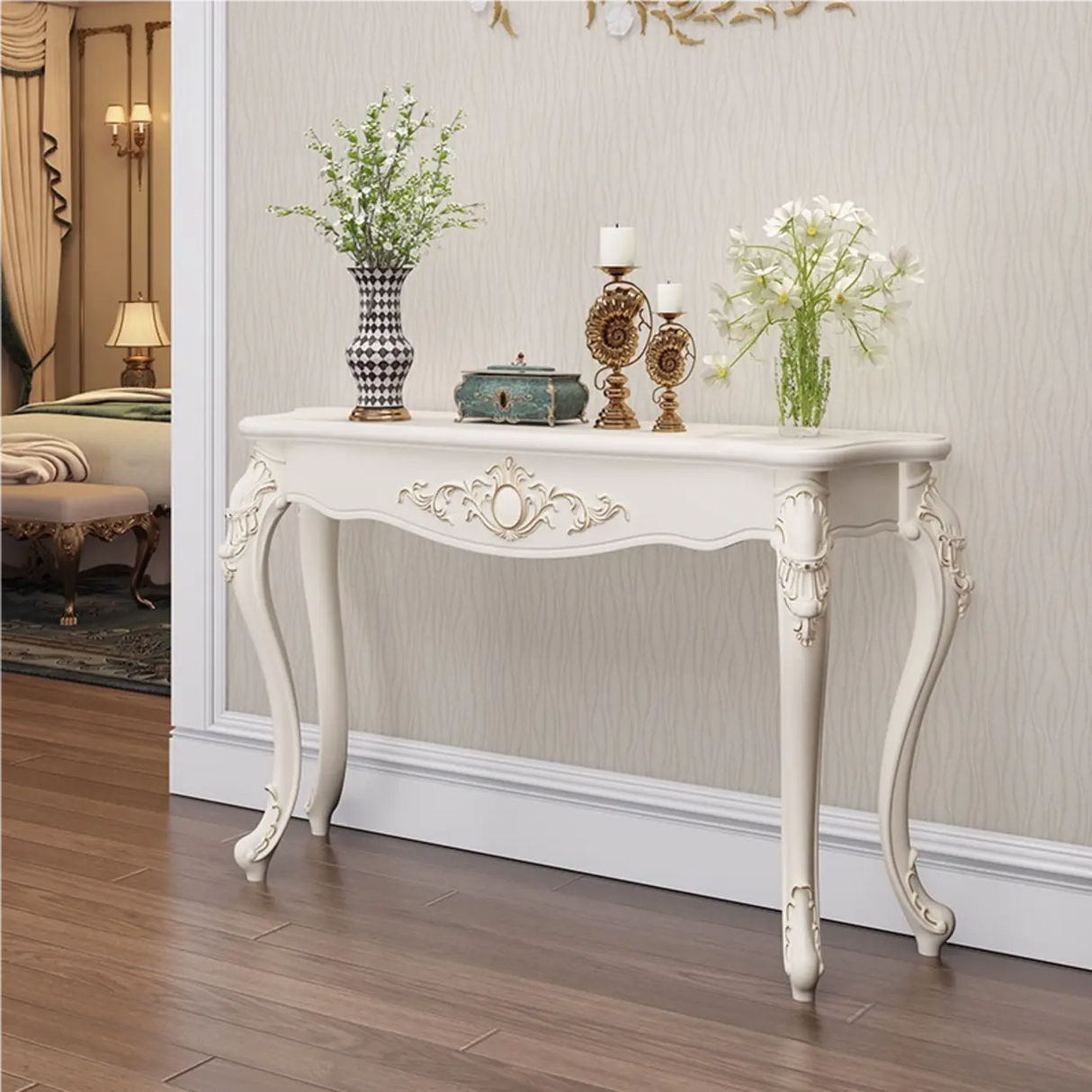 Glam Curved Wood White Standard Width French Console Table Image - 18