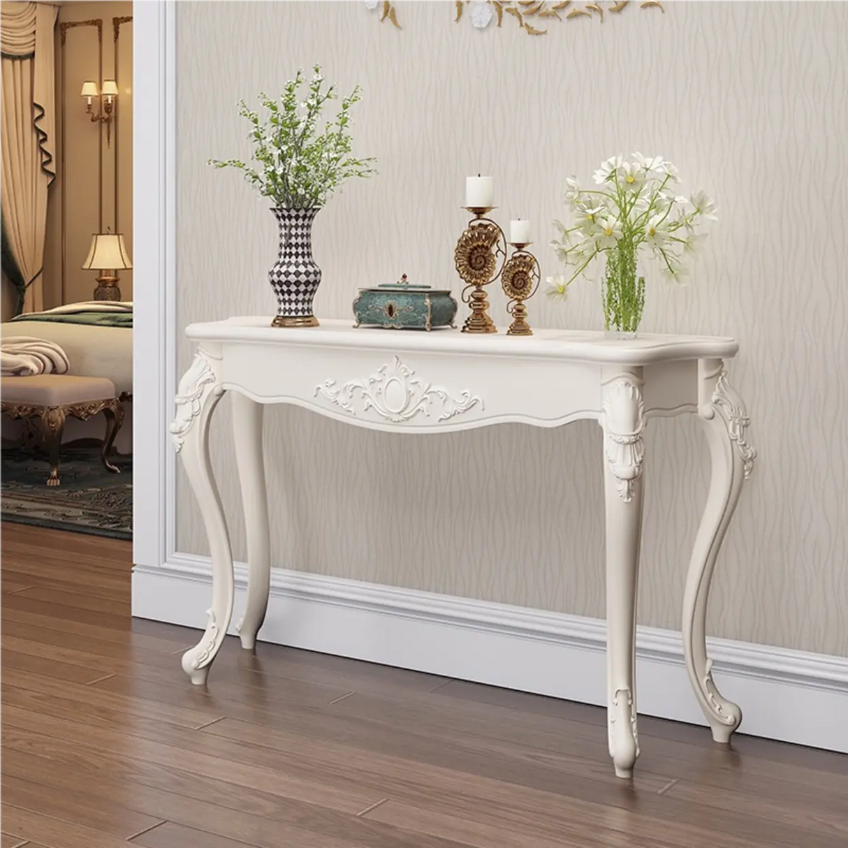 Glam Curved Wood White Standard Width French Console Table Image - 19