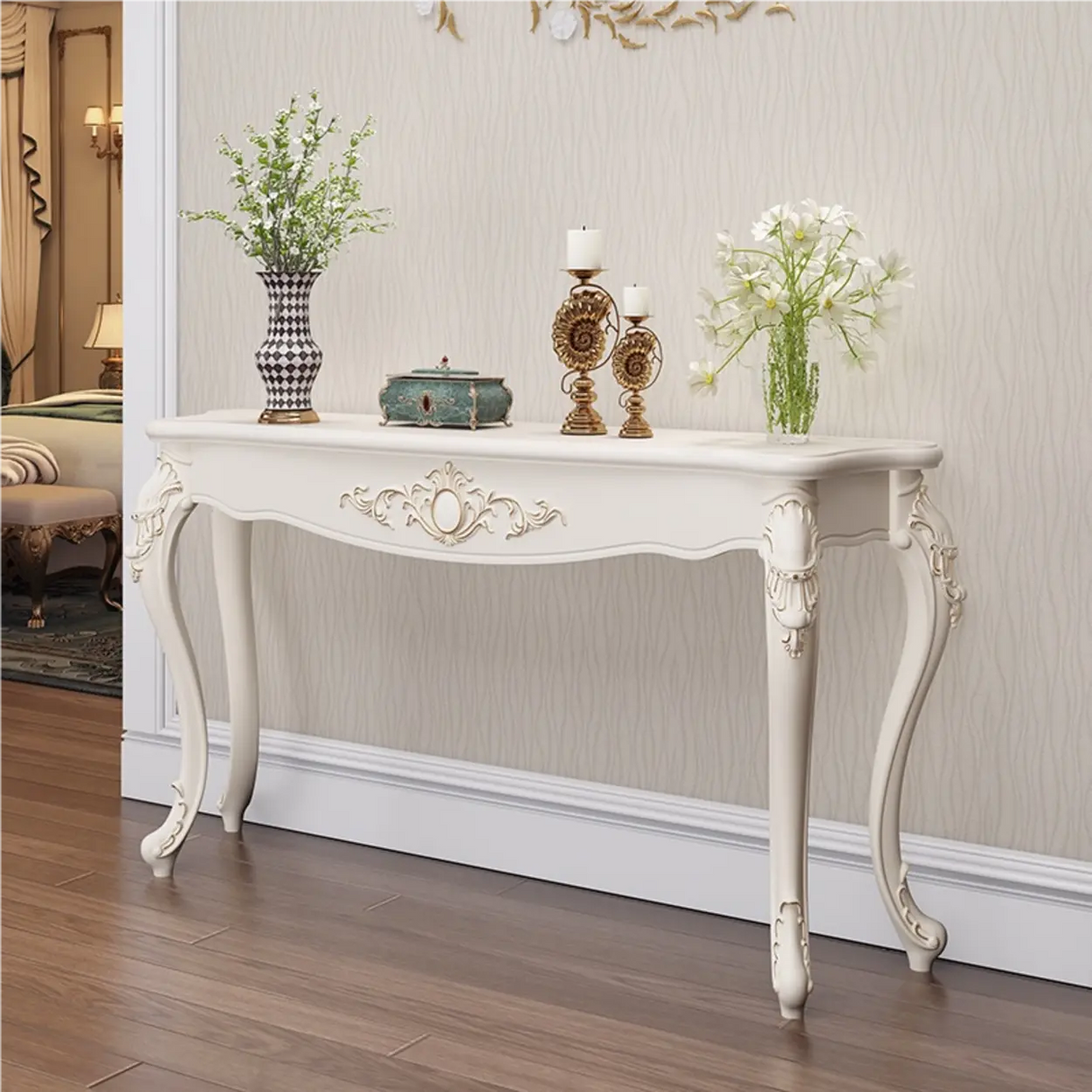 Glam Curved Wood White Standard Width French Console Table Image - 21