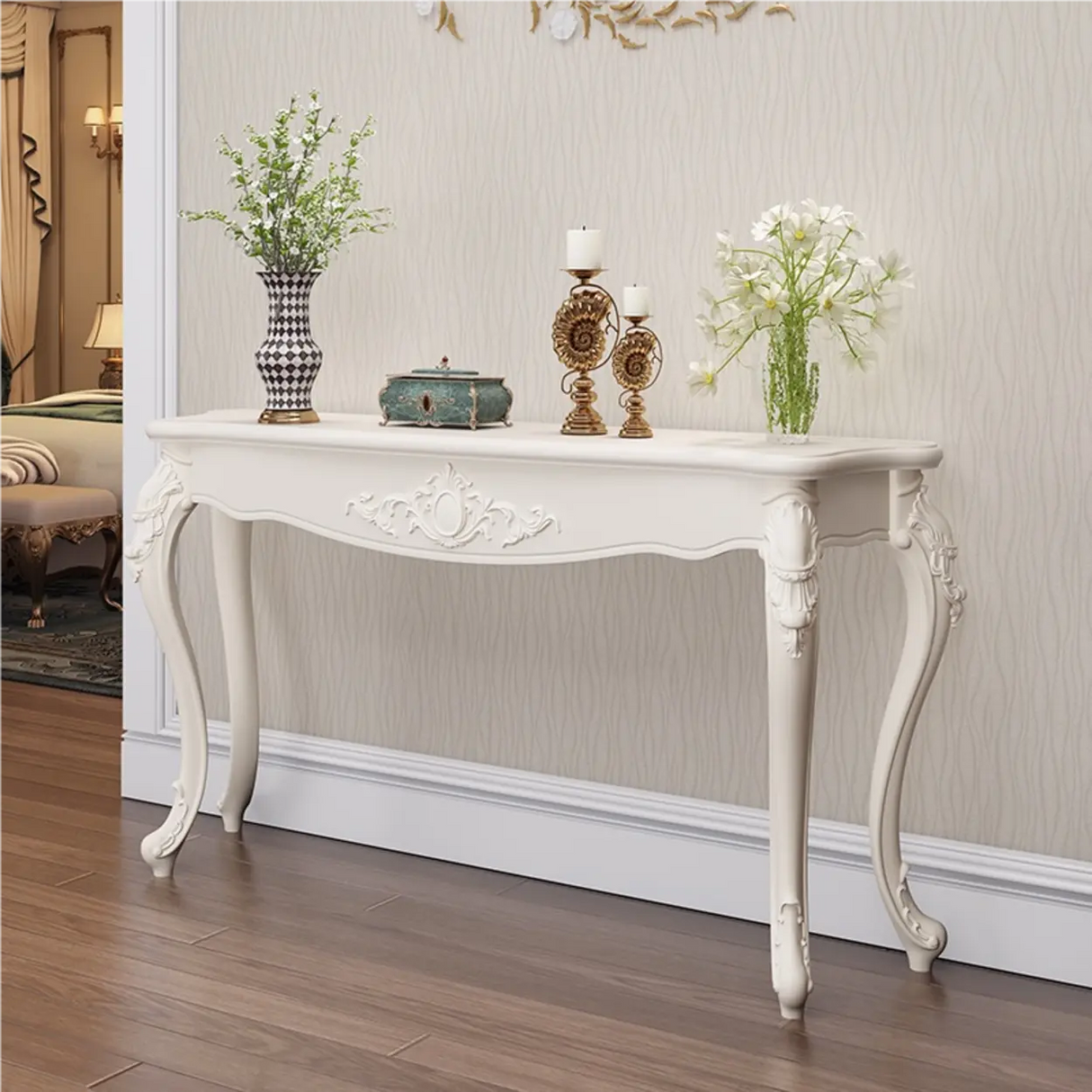 Glam Curved Wood White Standard Width French Console Table Image - 22