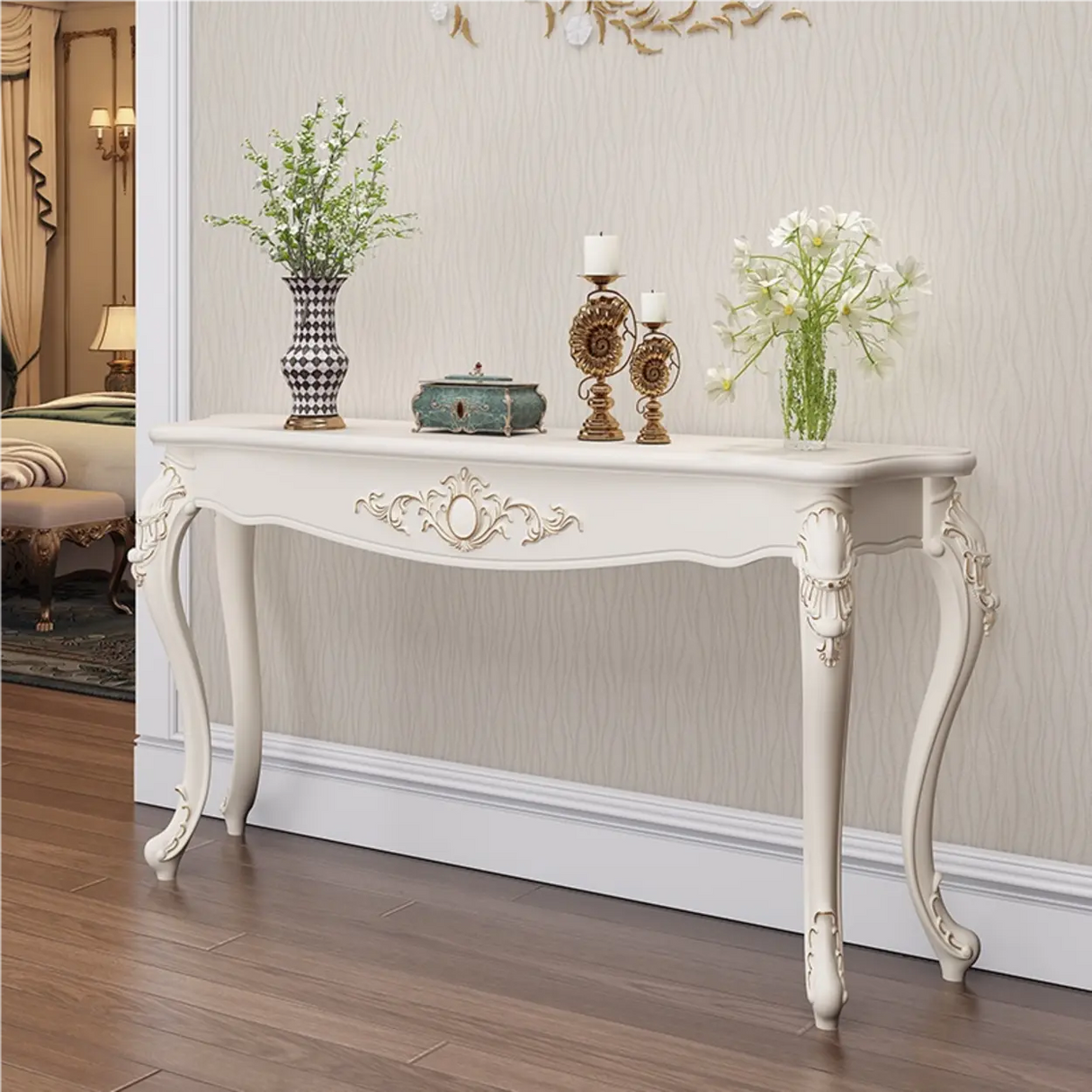 Glam Curved Wood White Standard Width French Console Table Image - 23