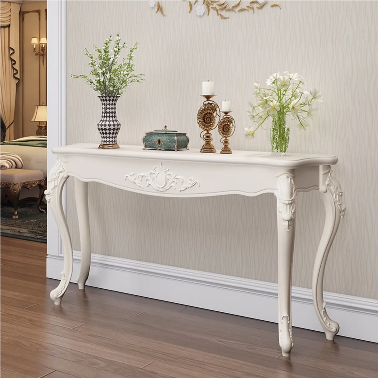 Glam Curved Wood White Standard Width French Console Table Image - 24
