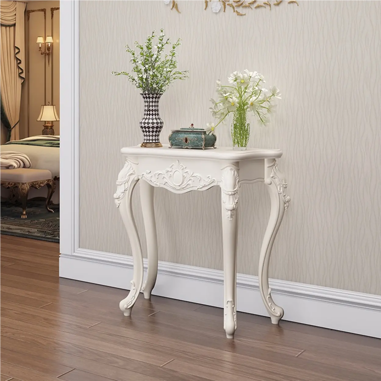 Glam Curved Wood White Standard Width French Console Table Image - 3