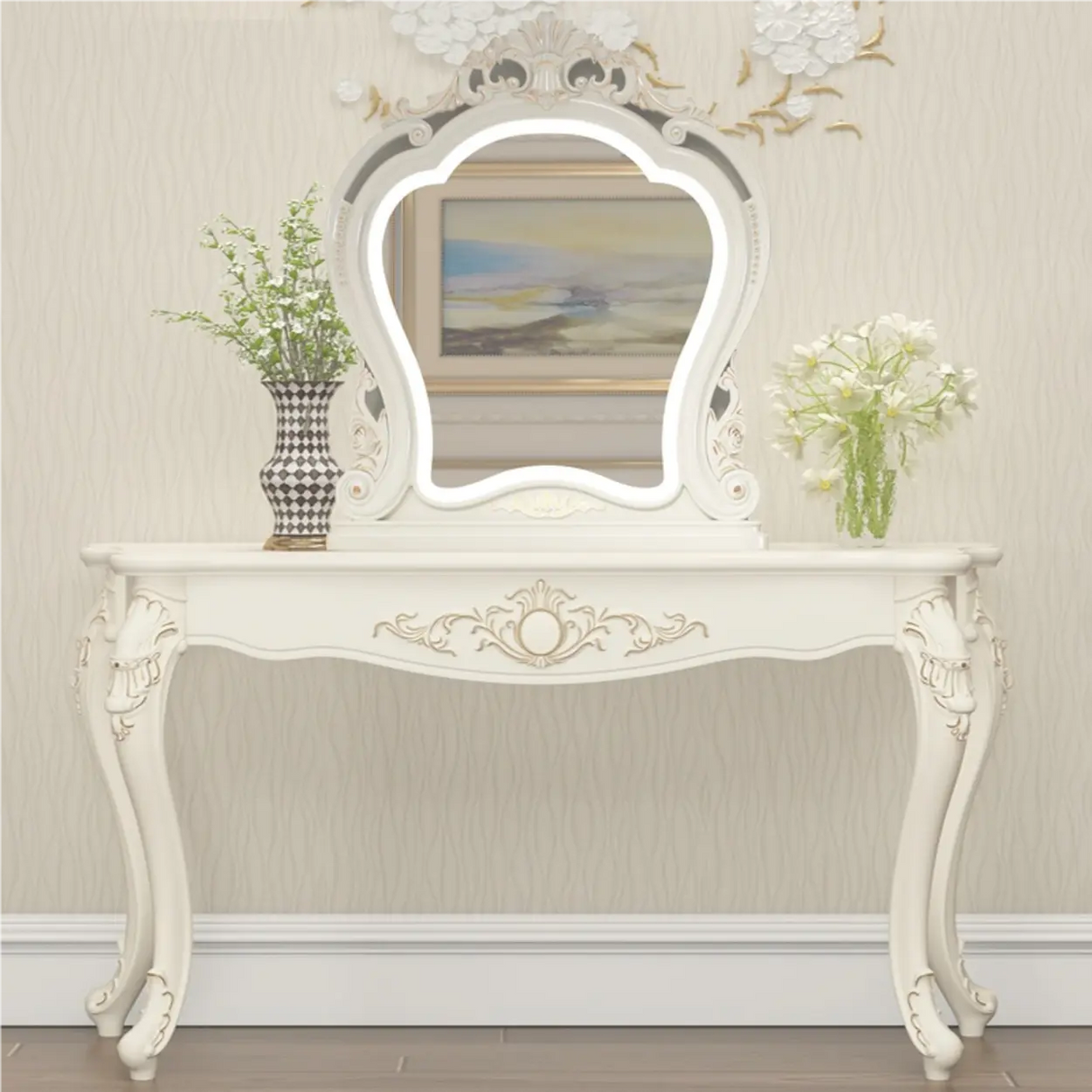 Glam Curved Wood White Standard Width French Console Table Image - 4
