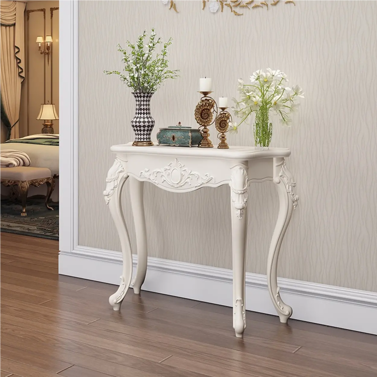 Glam Curved Wood White Standard Width French Console Table Image - 7