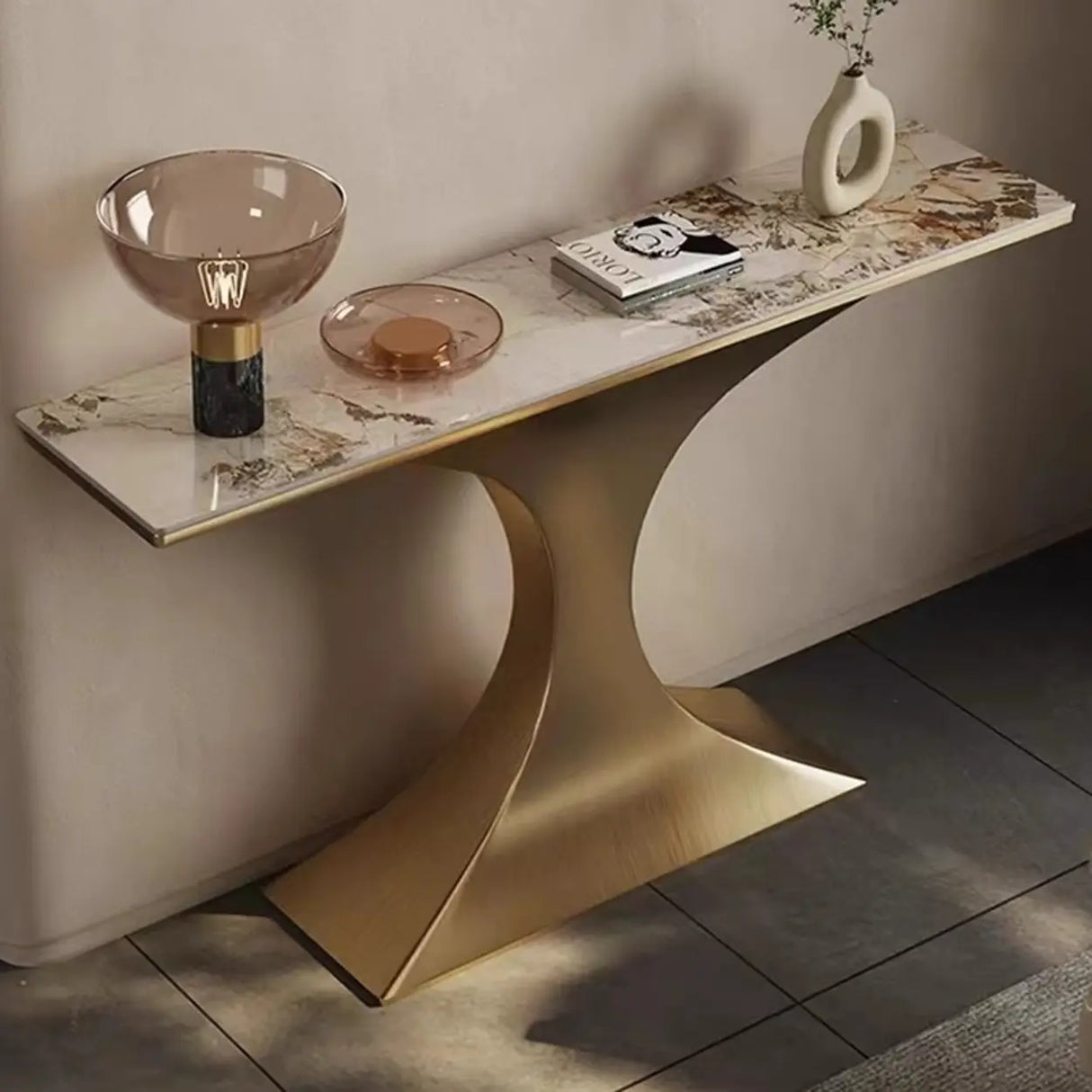 Glam Entryway Rectangular Stone Gold Curve Base Console Table Image - 1