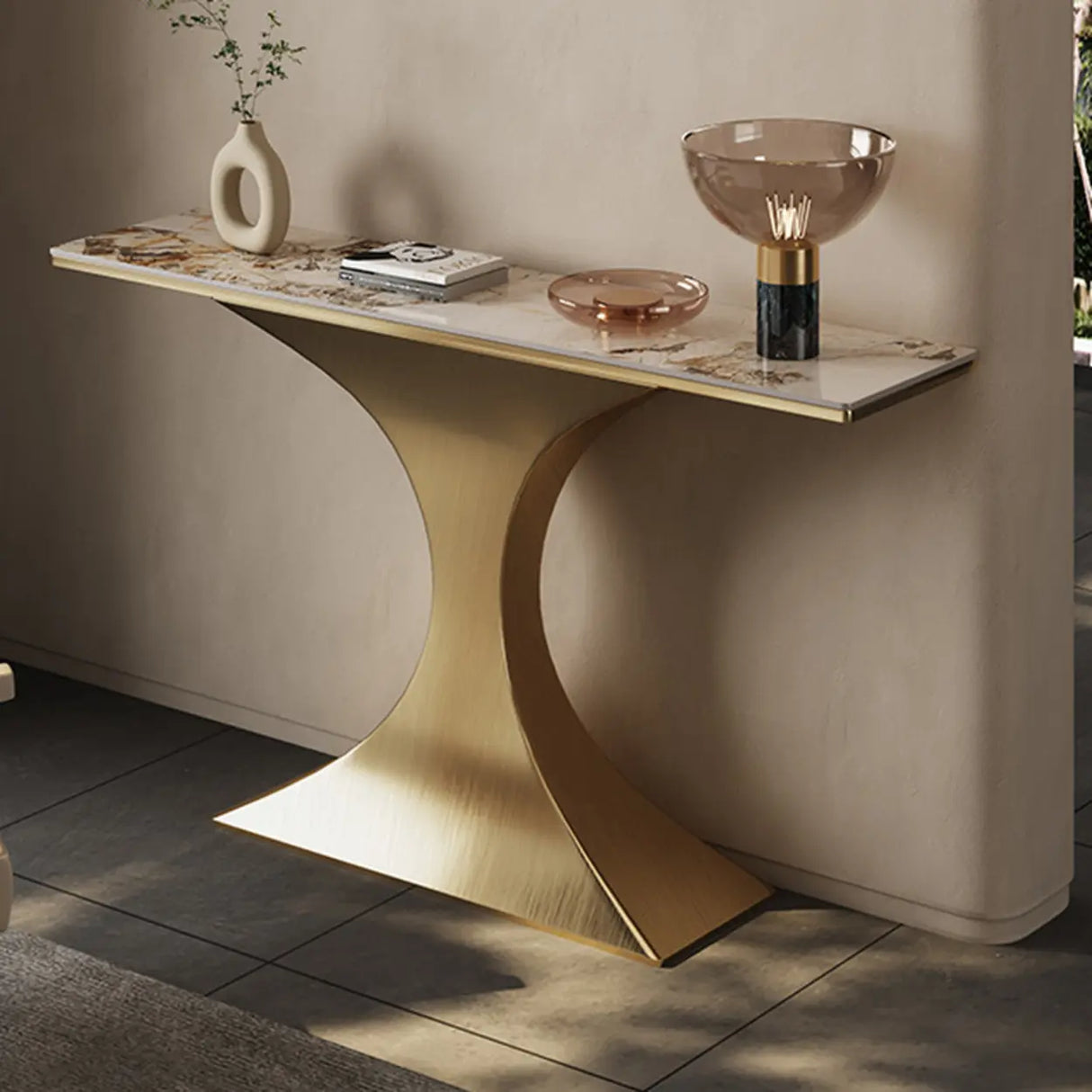 Glam Entryway Rectangular Stone Gold Curve Base Console Table Image - 4