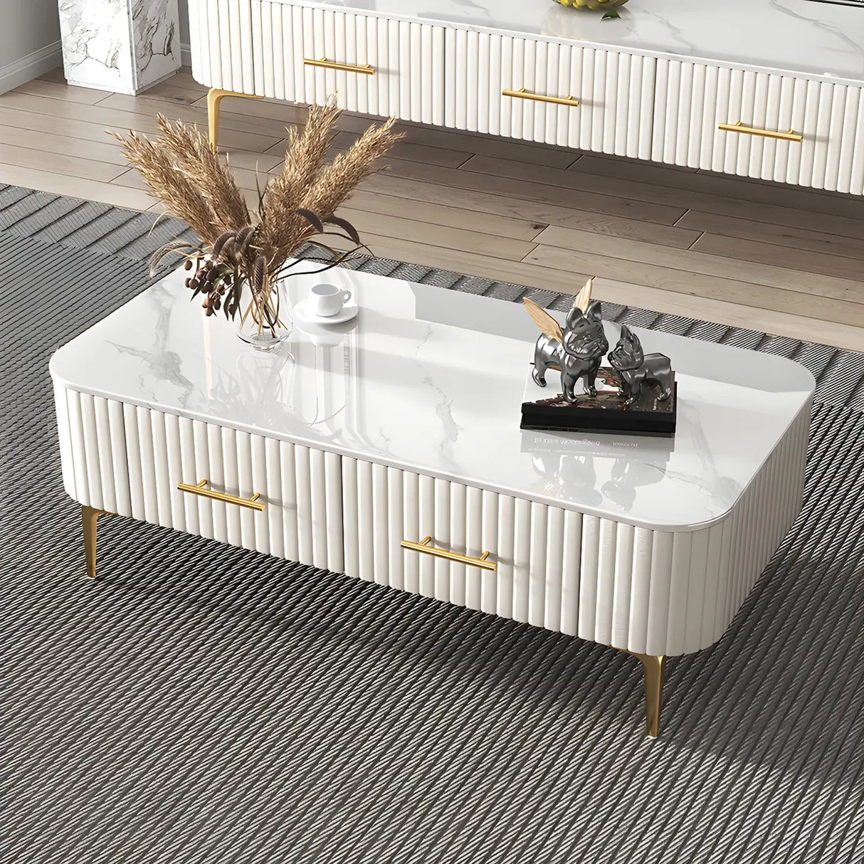 Glam Fiberglass Rectangular Coffee Table with Storage Image - 10