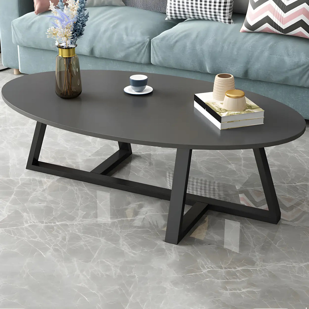 Glam Glass Wood Oval Coffee Table with Cross Legs Image - 11