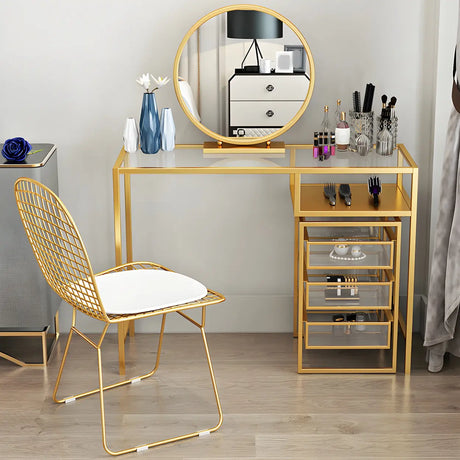 Glam Gold Metal Glass Makeup Vanity with Storage Box Image - 2