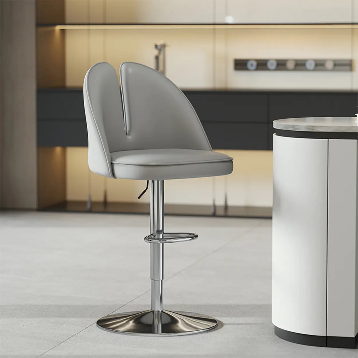 Glam Gray Swivel Adjustable Leather Footrest Back Bar Stool Image - 29