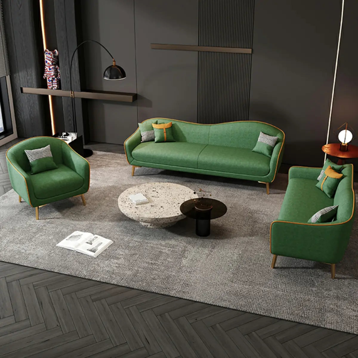 Glam Green Velvet Tight Back Brass Leg Curved Sofa Image - 4