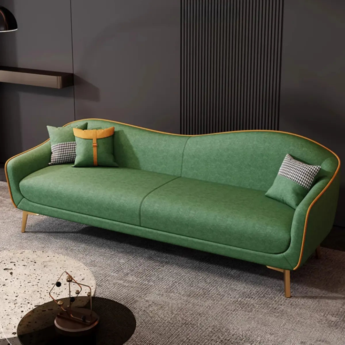 Glam Green Velvet Tight Back Brass Leg Curved Sofa Image - 6