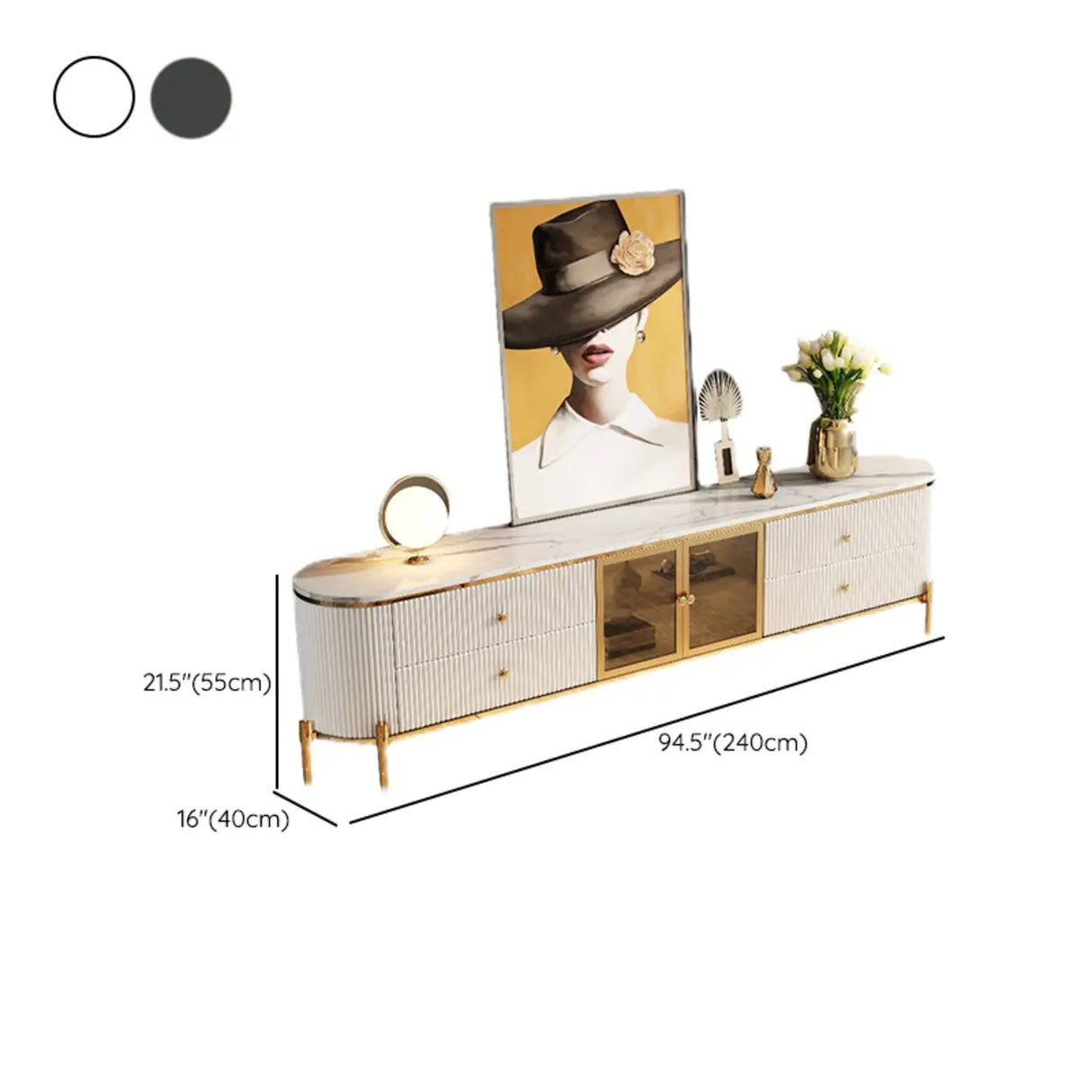Glam Grey Stone Cabinet Shelves Drawers TV Stand Image - 12