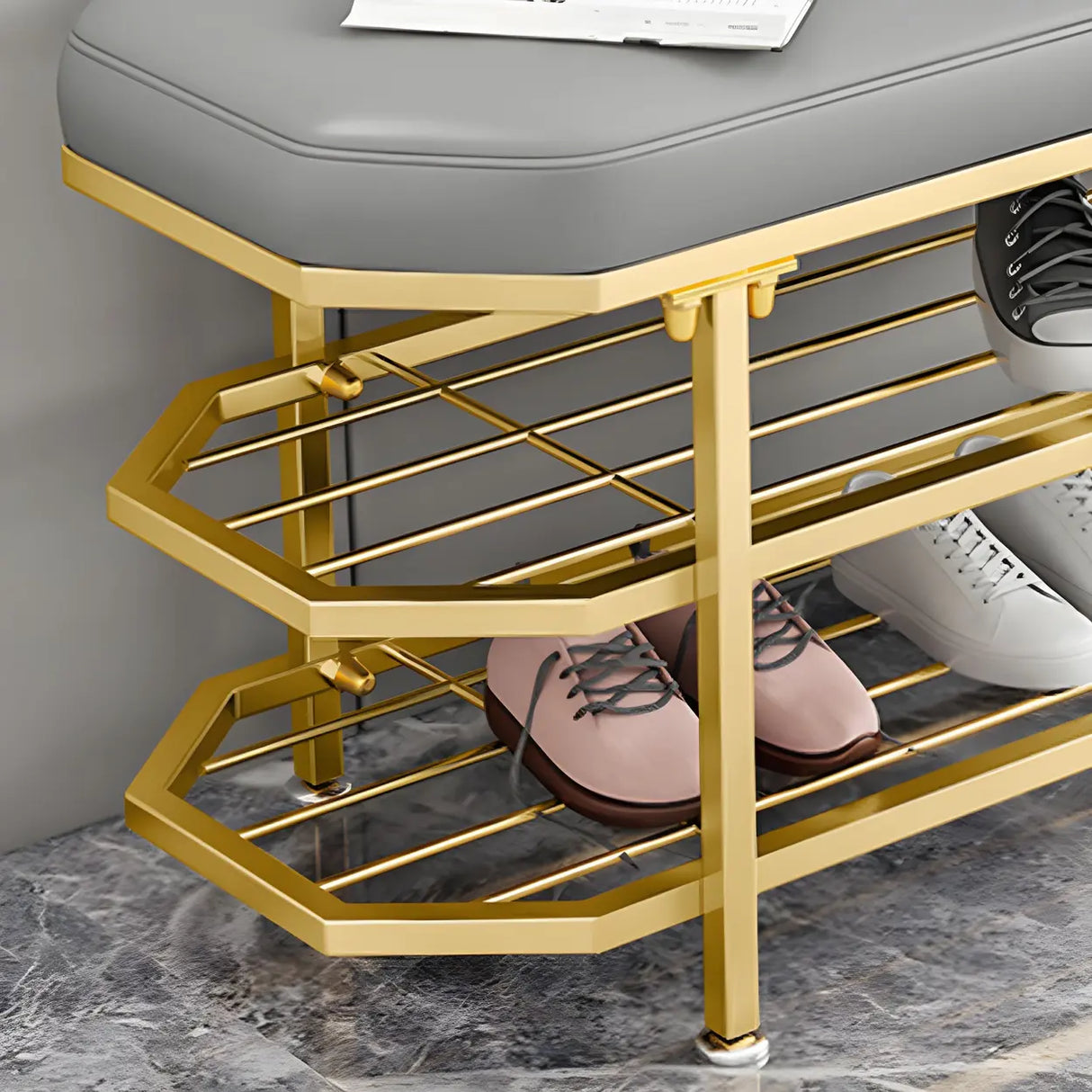 Glam Grey Upholstered Metal Shoe Storage Entryway Bench Image - 12
