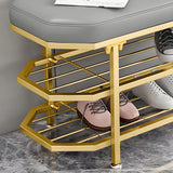 Glam Grey Upholstered Metal Shoe Storage Entryway Bench Image - 12