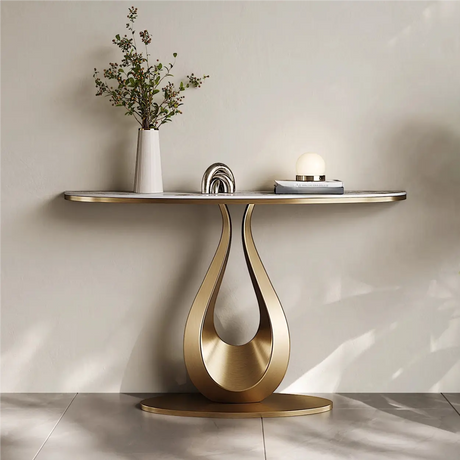 Glam Half Moon Marble Gold Abstract Base Console Table Image - 1