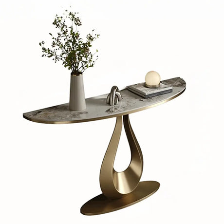 Glam Half Moon Marble Gold Abstract Base Console Table Image - 2