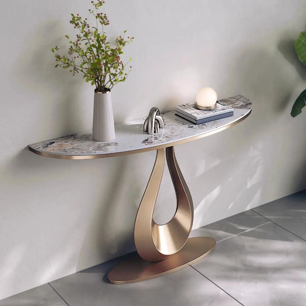 Glam Half Moon Marble Gold Abstract Base Console Table Image - 4