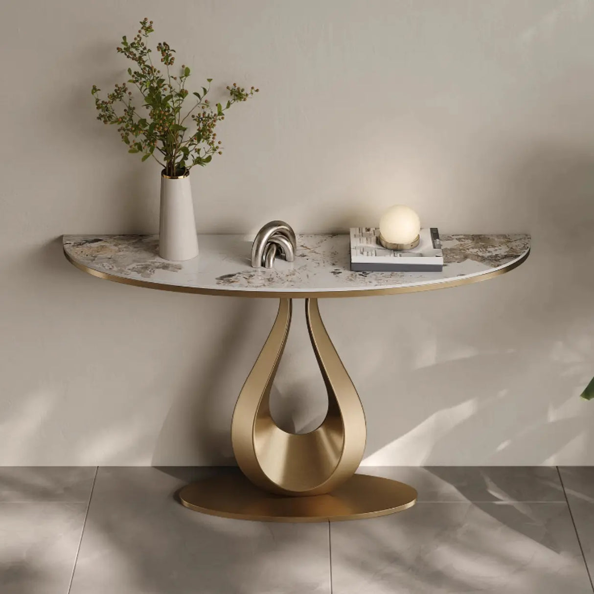 Glam Half Moon Marble Gold Abstract Base Console Table Image - 5