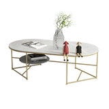 Glam Oval Stone Shelves Gold Metal Frame Coffee Table Image - 2