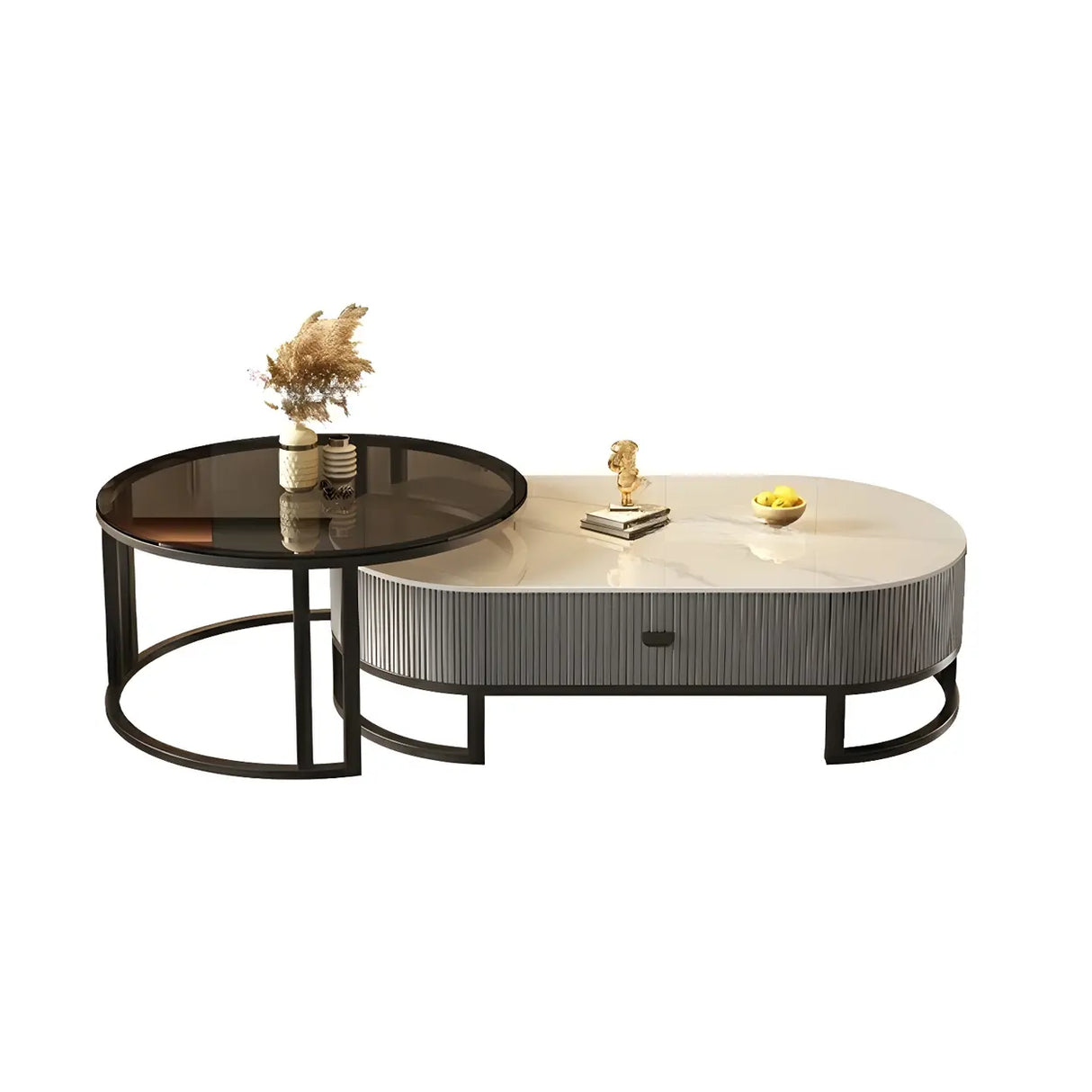 Glam Oval Stone Top Storage Nesting Coffee Table Image - 10