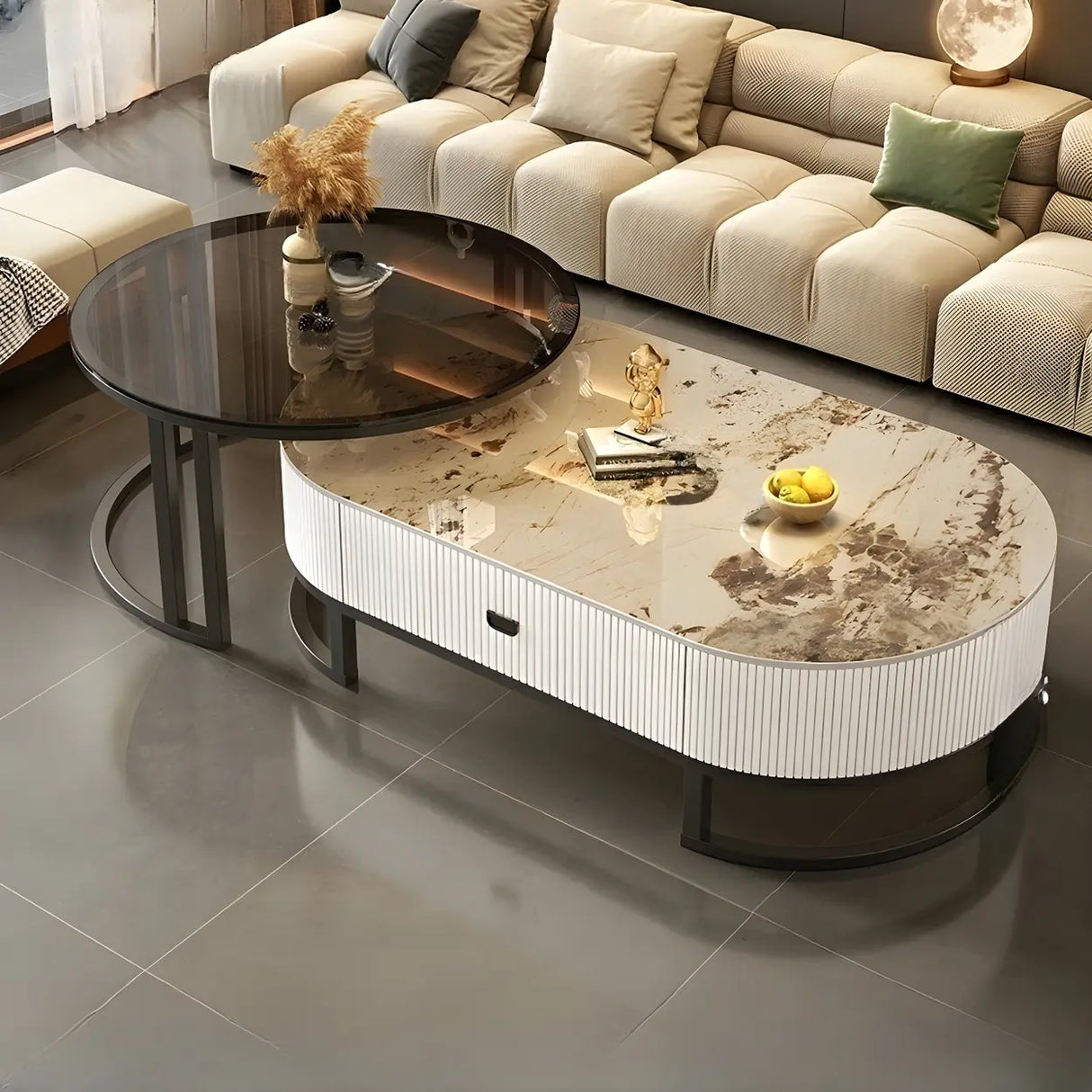 Glam Oval Stone Top Storage Nesting Coffee Table Image - 11