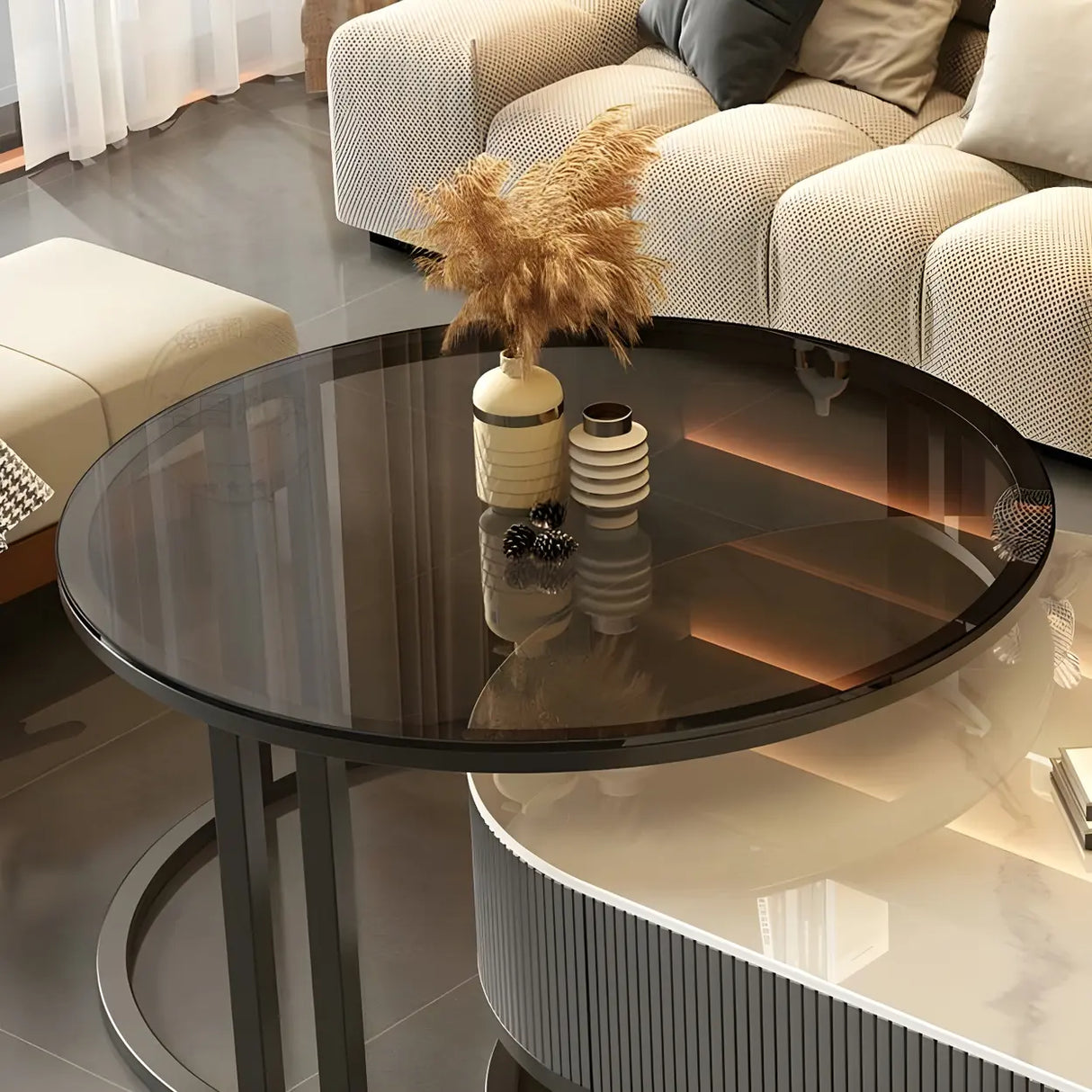 Glam Oval Stone Top Storage Nesting Coffee Table Image - 12