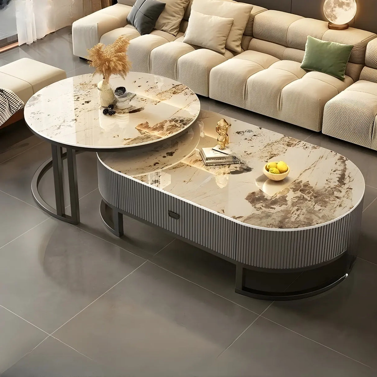 Glam Oval Stone Top Storage Nesting Coffee Table Image - 13