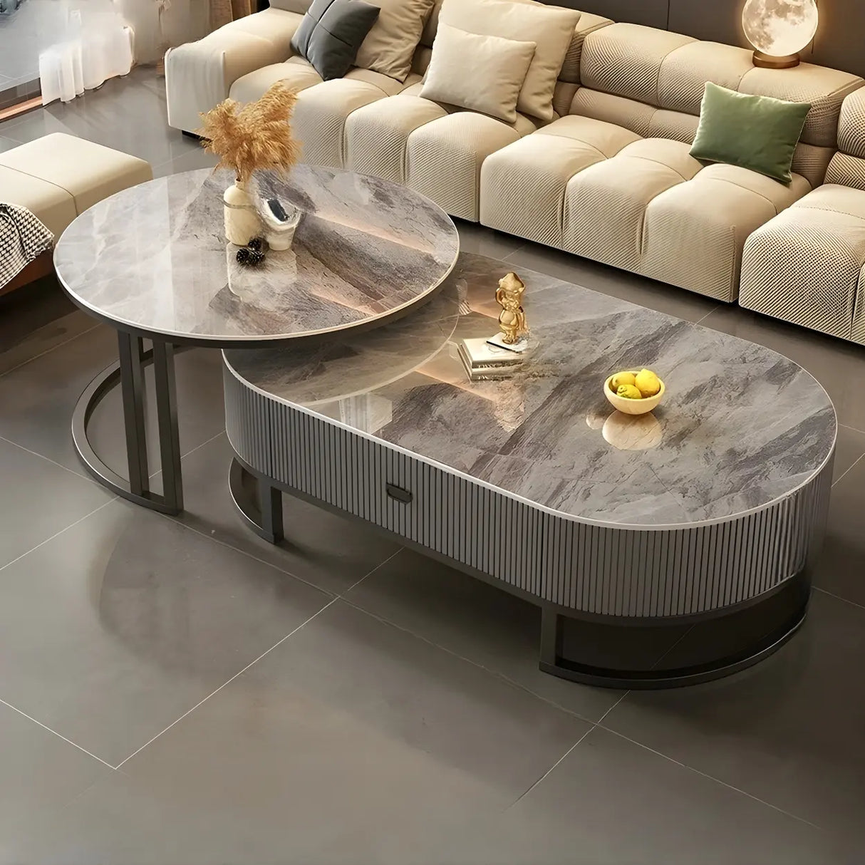 Glam Oval Stone Top Storage Nesting Coffee Table Image - 16