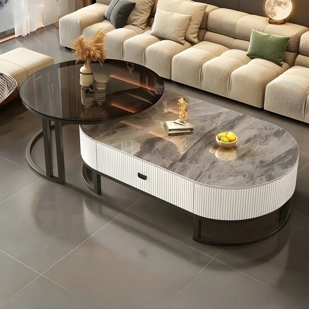 Glam Oval Stone Top Storage Nesting Coffee Table Image - 17