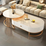 Glam Oval Stone Top Storage Nesting Coffee Table Image - 2