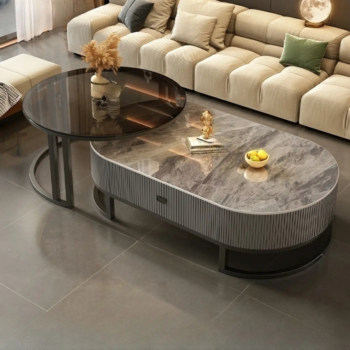 Glam Oval Stone Top Storage Nesting Coffee Table Image - 20