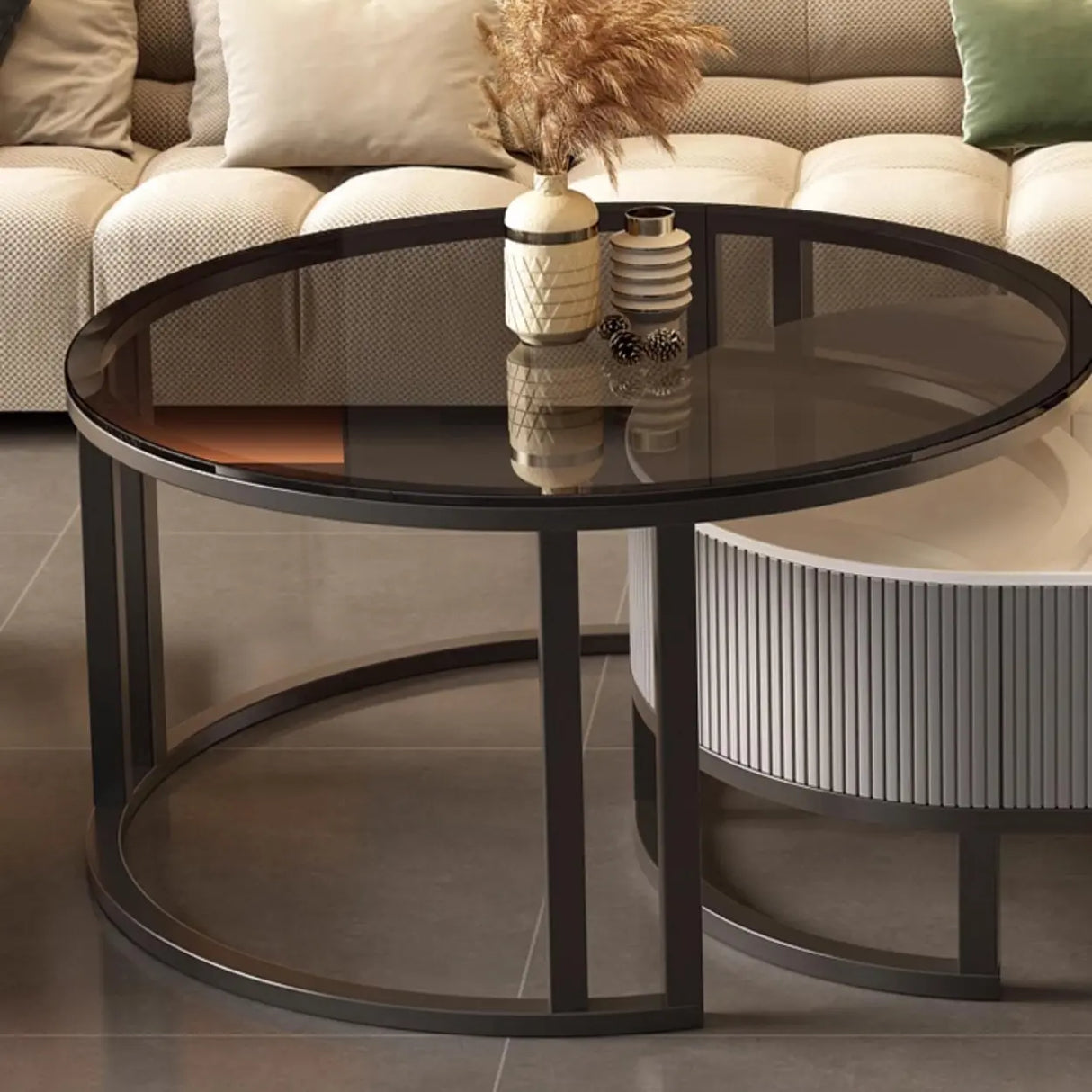 Glam Oval Stone Top Storage Nesting Coffee Table Image - 21