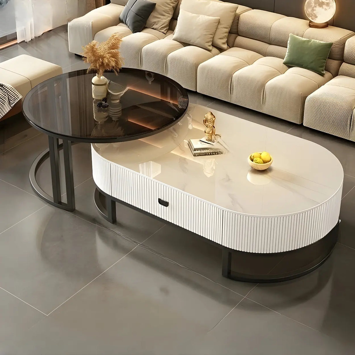 Glam Oval Stone Top Storage Nesting Coffee Table Image - 22