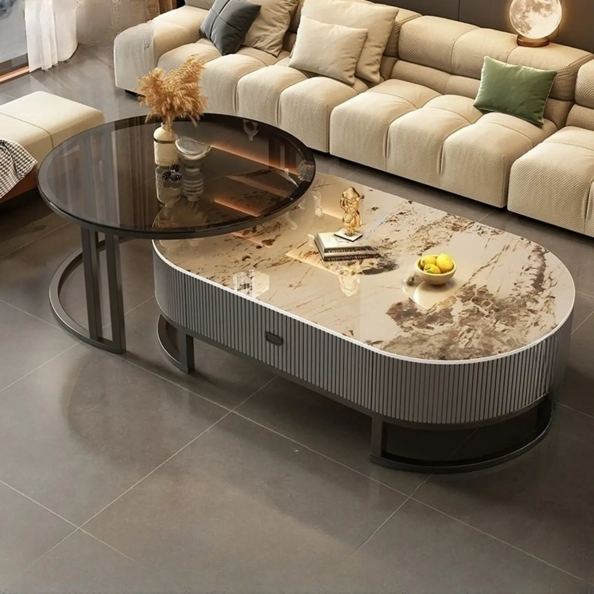 Glam Oval Stone Top Storage Nesting Coffee Table Image - 23