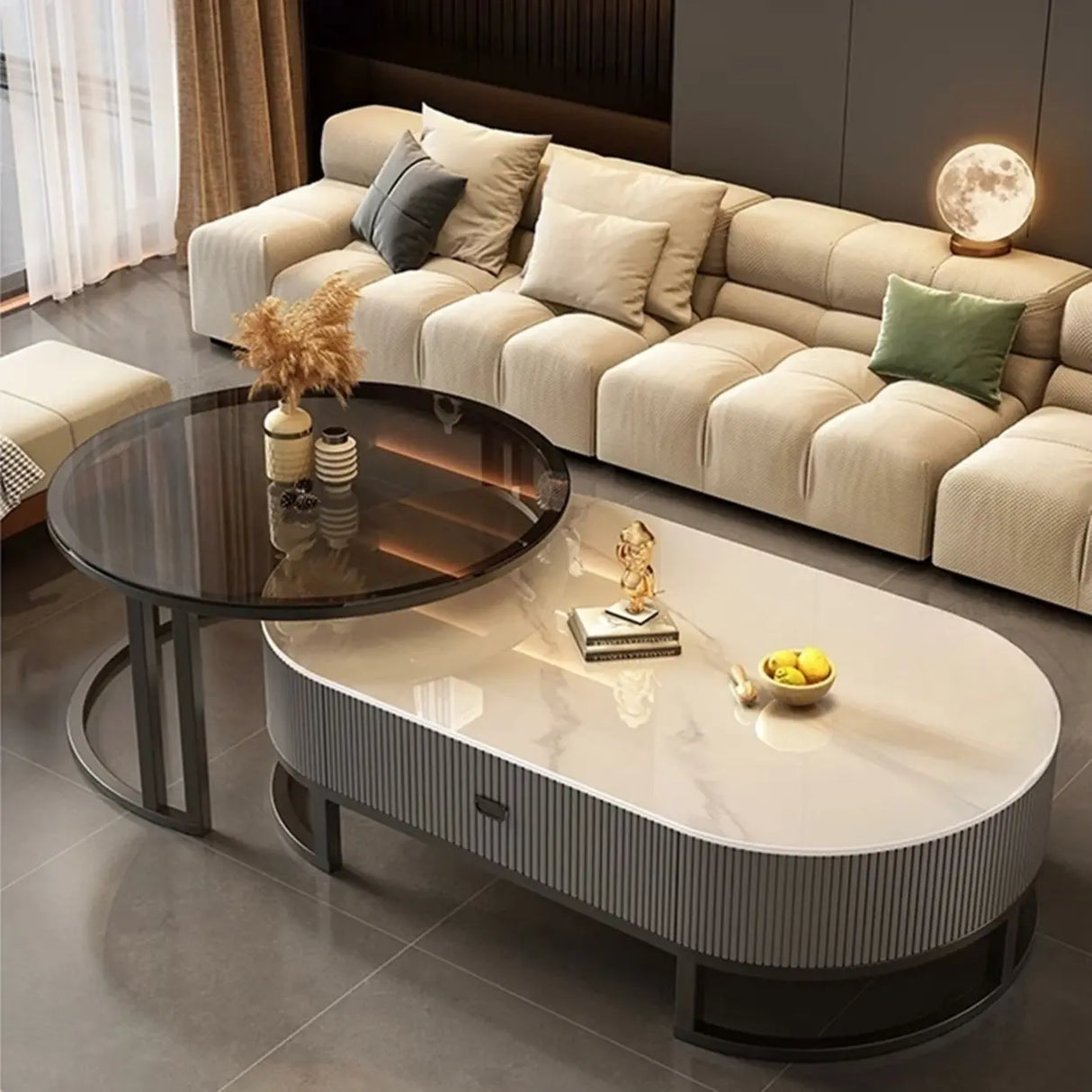 Glam Oval Stone Top Storage Nesting Coffee Table Image - 24